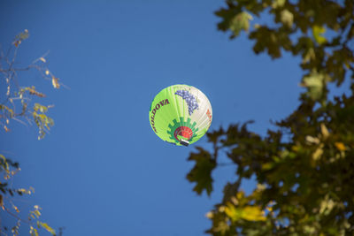 Low angle view of balloons against clear blue sky