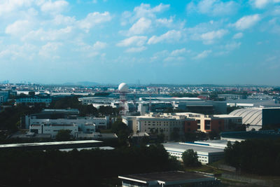 High angle view of buildings against sky