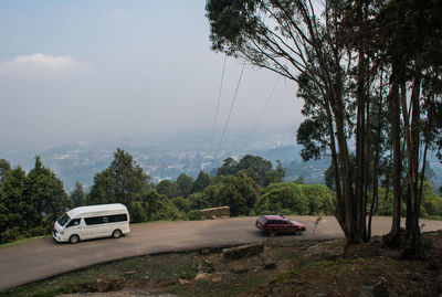 Car on road by trees against sky