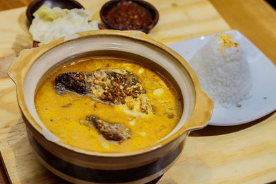 High angle view of food in bowl on table