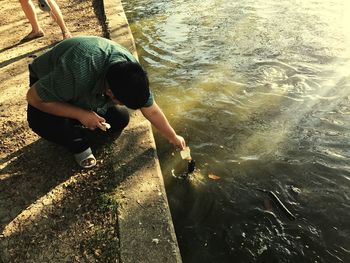 High angle view of man feeding bread to turtle swimming in lake