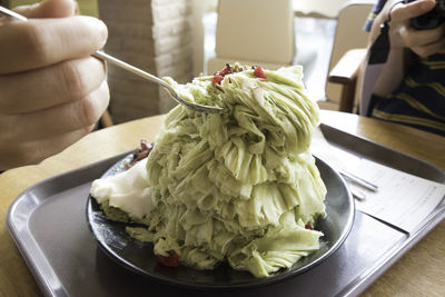 Close-up of hand holding ice cream in plate