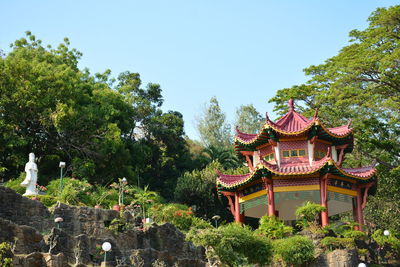 Low angle view of temple by building against clear sky