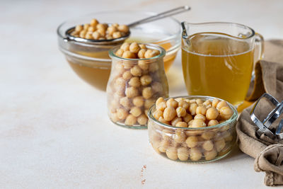 Close-up of eggs in glass container on table