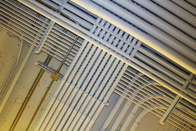 Directly below shot of pipes on ceiling in industry