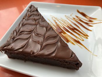 Close-up of chocolate cake in plate