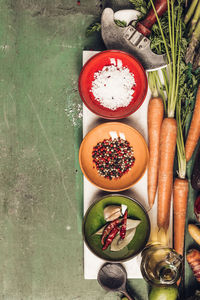 High angle view of vegetables and spices on table