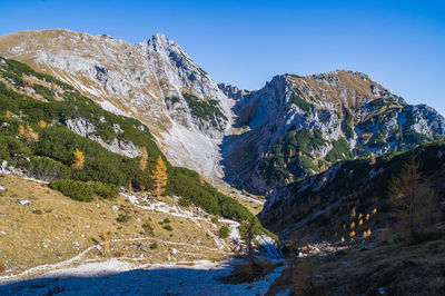 Scenic view of snowcapped mountains against clear blue sky