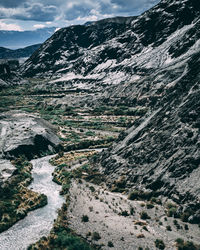 Aerial view of snowcapped mountains against sky