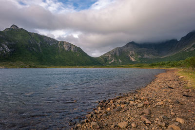 Scenic view of lake and mountains against sky