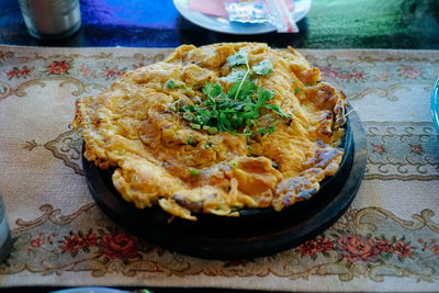 High angle view of breakfast served on table