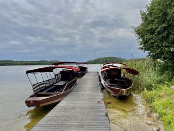 Boat moored in river against sky