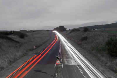 High angle view of light trails on highway