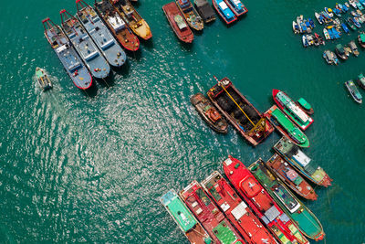 High angle view of boats moored in sea