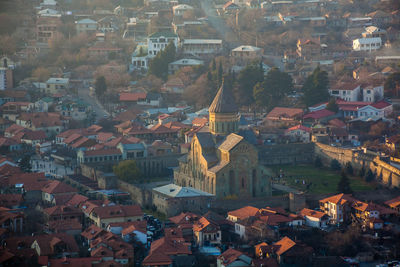 High angle view of buildings in town