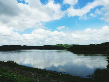 Scenic shot of calm lake against cloudy sky