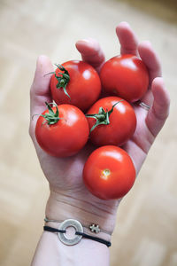 Close-up of hand holding tomatoes