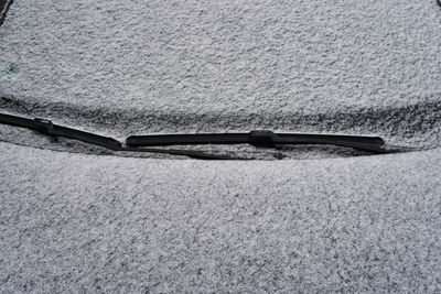 High angle view of snow on grassy field