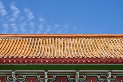 Low angle view of house roof against sky