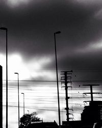 Low angle view of power lines against cloudy sky