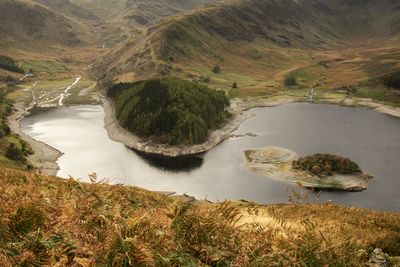 High angle view of river amidst landscape