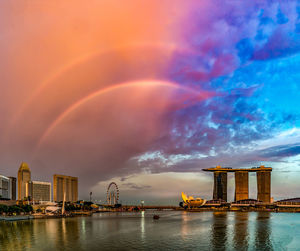 Scenic view of rainbow over buildings in city against sky