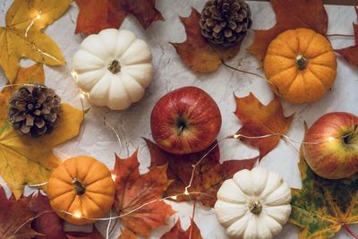 High angle view of pumpkins on table