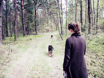 Rear view of woman with dog in forest