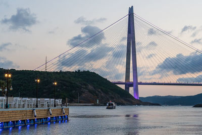 View of suspension bridge over river