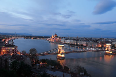 Budapest parliament at night with reflection in danube.