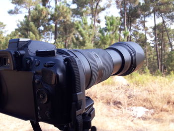 Close-up of camera in forest