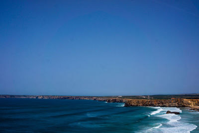 Scenic view of sea against clear blue sky