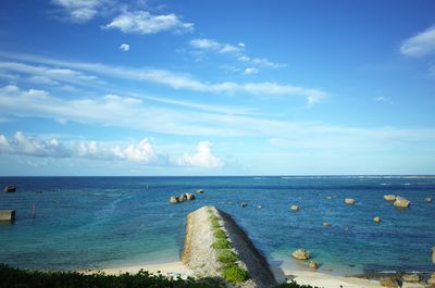 Scenic view of sea against blue sky