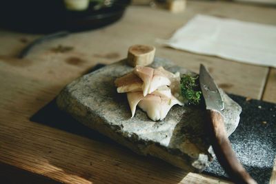 High angle view of food on cutting board