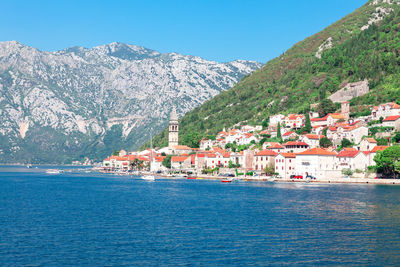 Perast montenegro old town . coastal town at kotor bay . scenery of water bay and mountains