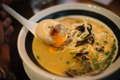 Close-up of soup served in bowl