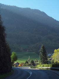 Road by trees on mountain against sky