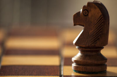 Close-up of knight on chess board