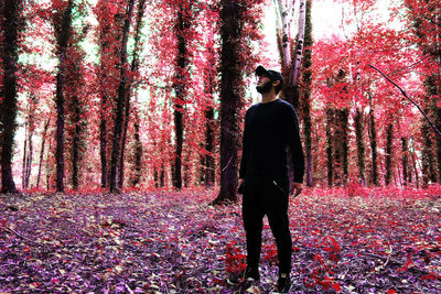 Rear view of woman standing by trees in forest during autumn