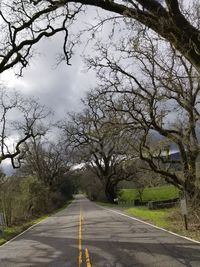 Empty road along trees against cloudy sky