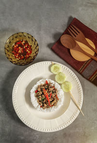 High angle view of breakfast served on table