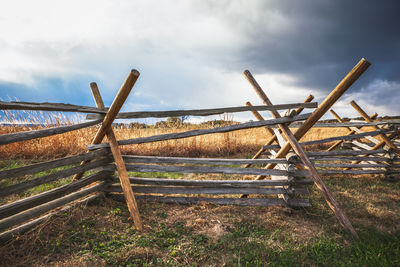 Wooden virginia worm or split rail fence at oak ridge where civil war battle of gettysburg occurred