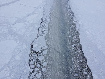 High angle view of frozen water