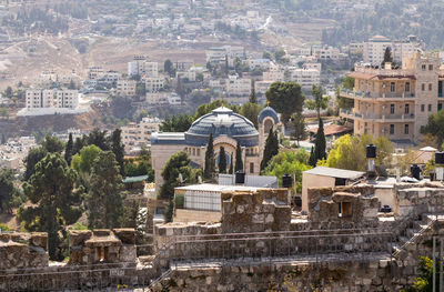 High angle view of buildings in city