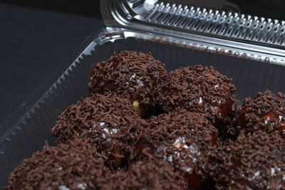 High angle view of chocolate cake in container