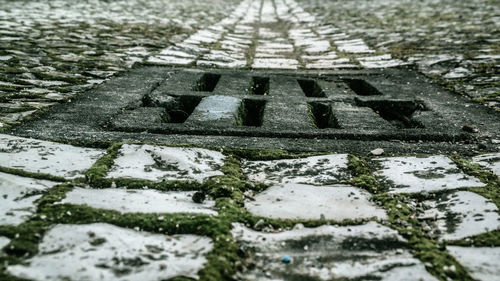 Close-up of manhole on footpath