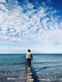 Rear view of man standing on sea shore against sky