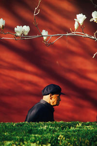 Rear view of man on field