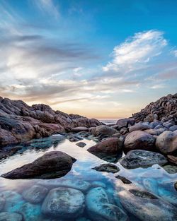 Rocks in sea against sky during sunset