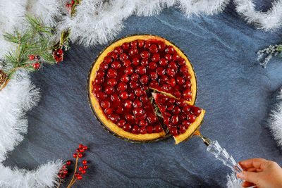 High angle view of strawberries in bowl